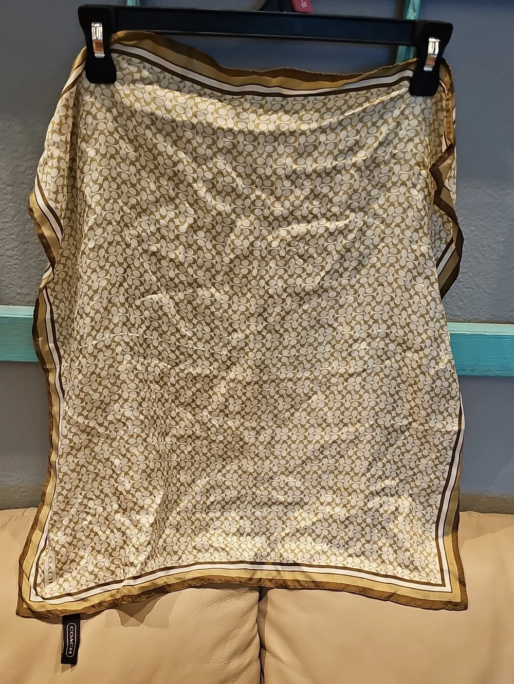 Coach Beige and Gold Signature Print 100 Percent Silk Scarf